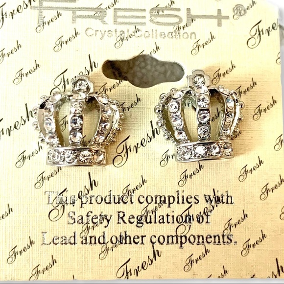 Fresh Crystal Collection Crown Rhinestones Post Earrings New Silver Tone - Picture 5 of 7